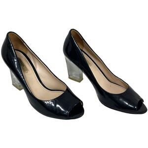Prada Black Patent Leather Peep Toe Clear Lucite Heels Size EU 37/US 6.5 GUC